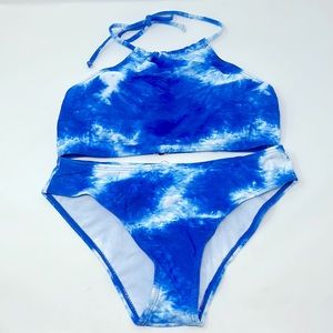 Naggoo Blue & White Tye Dye Halter Bikini Swimsuit Size Small